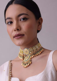 Gold-Finish Kundan Choker Necklace Set With Intricate Colourful Meenakari Work In Mix Metal