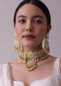 Gold-Finish Kundan Choker Necklace Set With Intricate Colourful Meenakari Work In Mix Metal