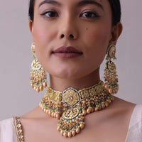 Gold-Finish Kundan Choker Necklace Set With Intricate Colourful Meenakari Work In Mix Metal