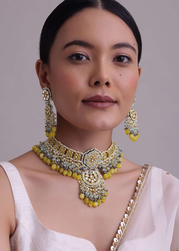 Gold-Finish Kundan Choker Necklace With Colorful Intricate Meenakari Work And Stones In Mix Metal