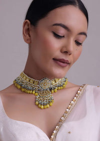 Gold-Finish Kundan Choker Necklace With Colorful Intricate Meenakari Work And Stones In Mix Metal