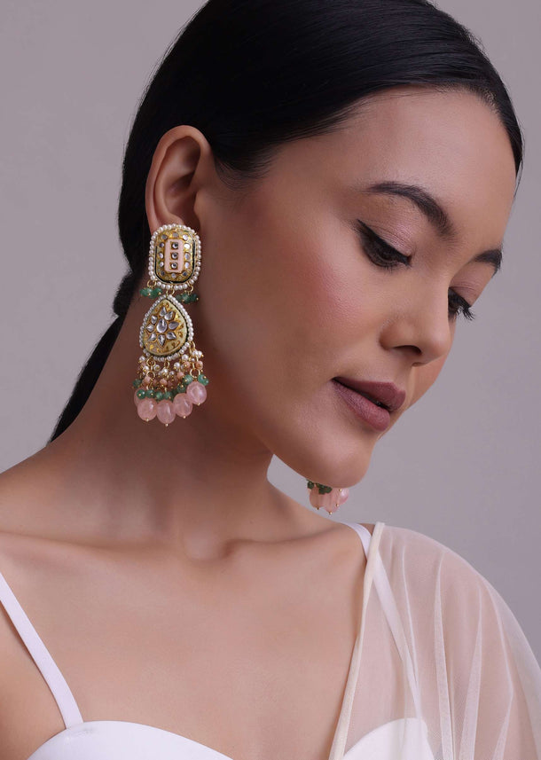 Gold-Finish Kundan Dangler Earrings With Multicolor Meenakari Work And Drop-Stones In Mix Metal