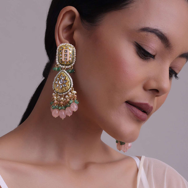 Gold-Finish Kundan Dangler Earrings With Multicolor Meenakari Work And Drop-Stones In Mix Metal