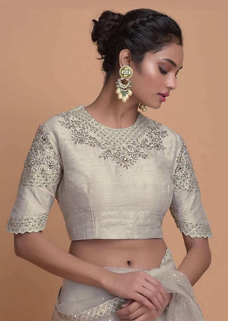 Gold Grey Blouse In Raw Silk With Zardozi Embroidered Floral Design Online - Kalki Fashion