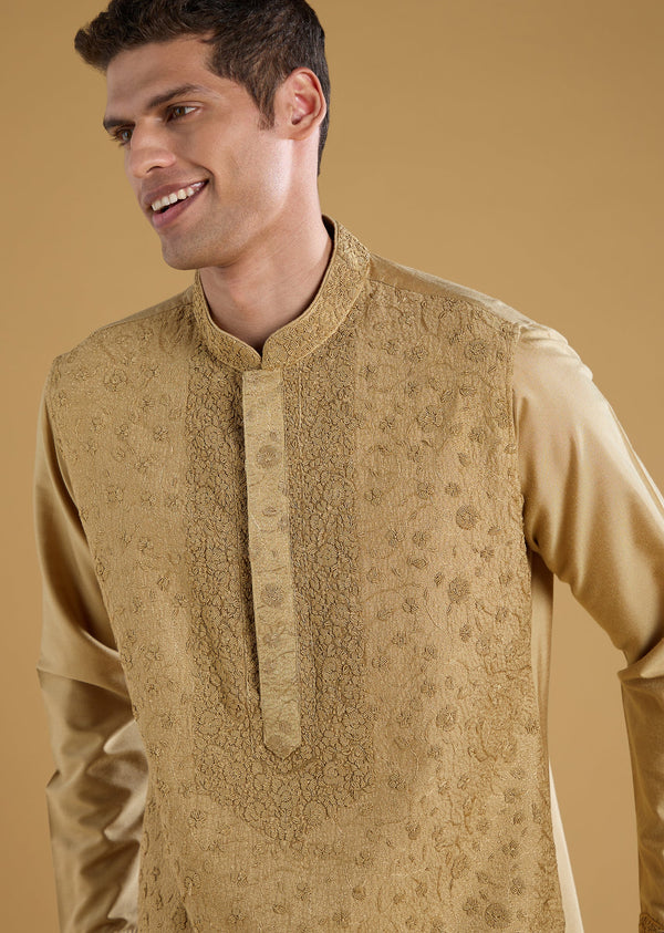 Gold Kashmiri Work Banarasi Silk Mens Kurta Set