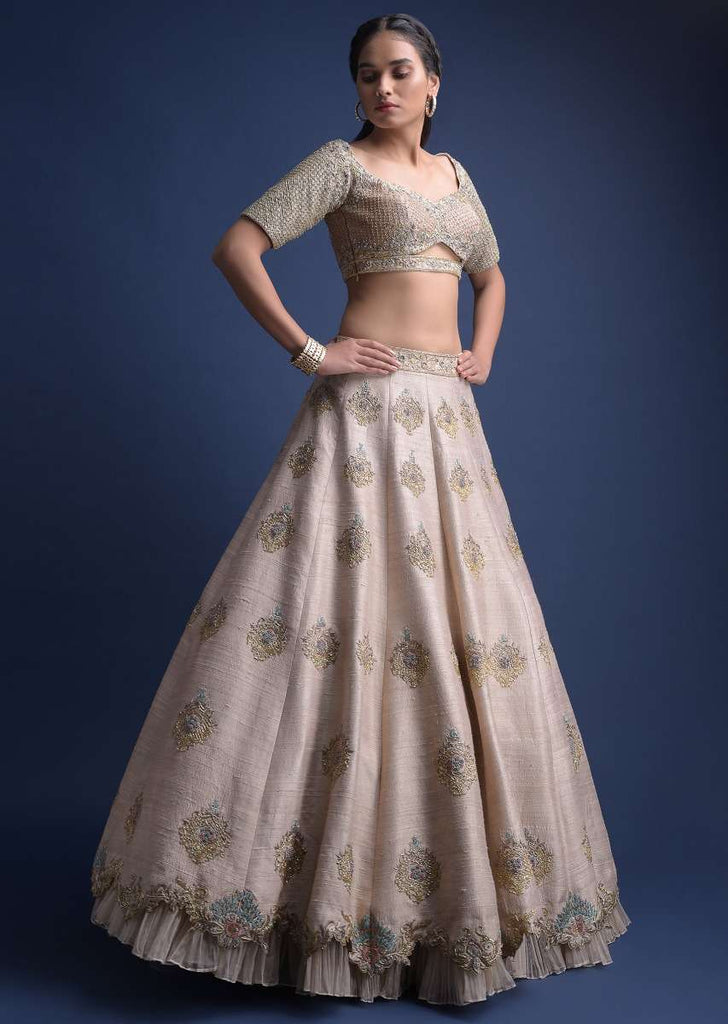 Sandcastle Tan Lehenga Choli With Hand Embroidered Buttis In Heritage Motifs Online - Kalki Fashion
