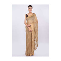 Gold linen saree with embroidered butti only on Kalki