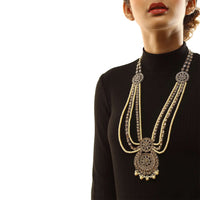 Gold Long Layered Necklace With Crystal Embellished Floral Pendant And Moti Strings