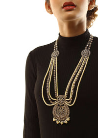 Gold Long Layered Necklace With Crystal Embellished Floral Pendant And Moti Strings