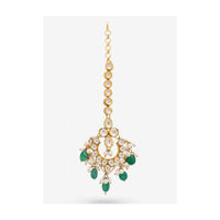 Gold Maang Tika With Green Beads And Ideal Blend Of Kundan Pieces And Pearls By Prerto