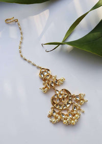 Gold Mangtika Boasts Rich Elements Like Timeless Kundan Work And Dainty Pearl Hangings In Crescent Shape By Paisley Pop