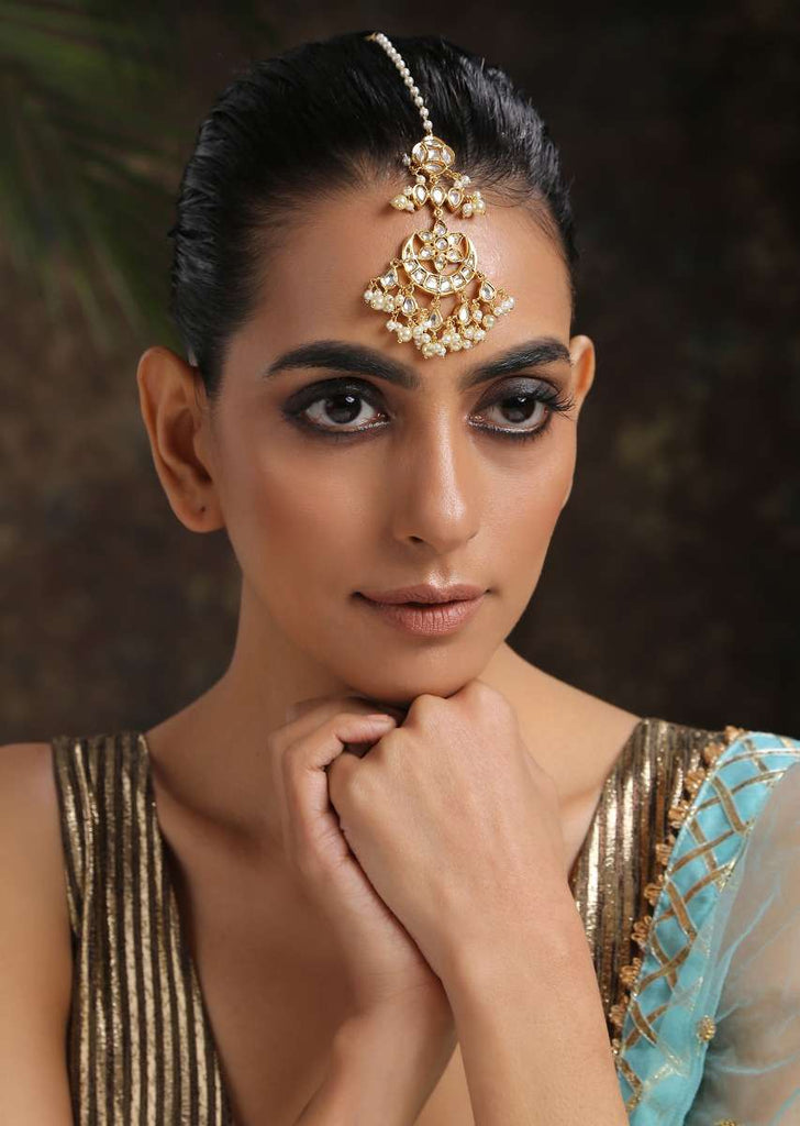 Gold Mangtika Boasts Rich Elements Like Timeless Kundan Work And Dainty Pearl Hangings In Crescent Shape By Paisley Pop