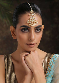 Gold Mangtika Boasts Rich Elements Like Timeless Kundan Work And Dainty Pearl Hangings In Crescent Shape By Paisley Pop