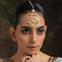 Gold Mangtika Boasts Rich Elements Like Timeless Kundan Work And Dainty Pearl Hangings In Crescent Shape By Paisley Pop