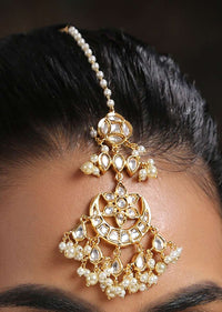 Gold Mangtika Boasts Rich Elements Like Timeless Kundan Work And Dainty Pearl Hangings In Crescent Shape By Paisley Pop