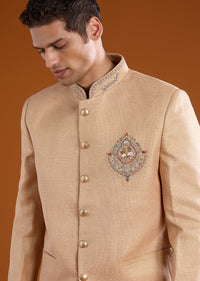 Gold Matka Silk Jodhpuri Set with Bead Work