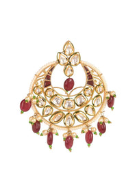 Gold Moon Shaped Earrings With Burgundy Beads, Pearls And Kundan Work Online - Kalki Fashion