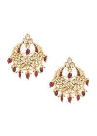 Gold Moon Shaped Earrings With Burgundy Beads, Pearls And Kundan Work Online - Kalki Fashion