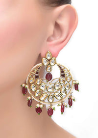 Gold Moon Shaped Earrings With Burgundy Beads, Pearls And Kundan Work Online - Kalki Fashion