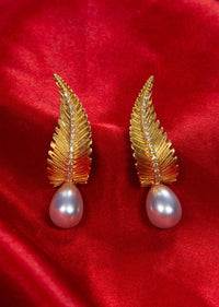 Gold pated leaf studs  with white pearl drops only on kalki