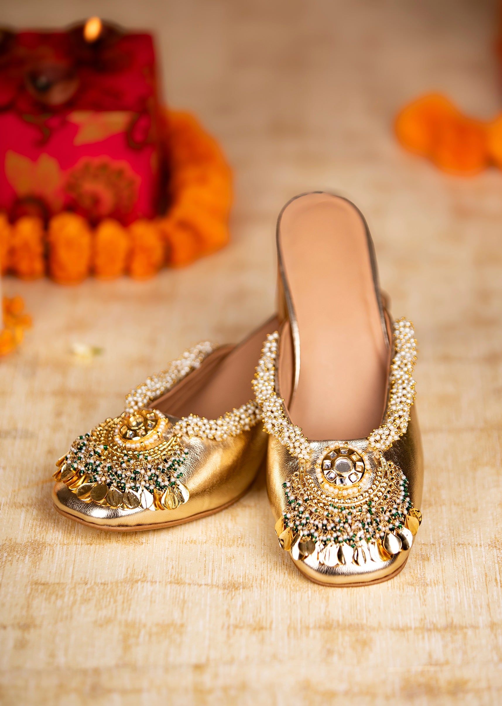 Buy Gold Pearl Hand Embellished Heel Mules | KALKI Fashion UK | KALKI ...
