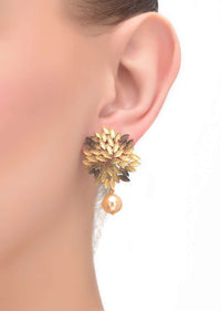 Gold Plated And Black Studs In Fancy Flower Pattern With A Dangling Bead Online - Kalki Fashion