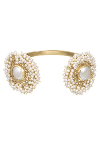 Gold Plated Bangle With Two Baroque Pearl Studded Motifs Edged In Pearl Beads By Zariin