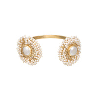 Gold Plated Bangle With Two Baroque Pearl Studded Motifs Edged In Pearl Beads By Zariin