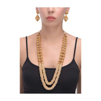 Gold Plated Beads And Pearls Half And Half Long Layered Necklace With Matching Jhumkas Online - Kalki Fashion