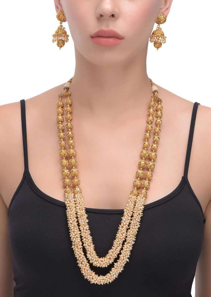 Gold Plated Beads And Pearls Half And Half Long Layered Necklace With Matching Jhumkas Online - Kalki Fashion