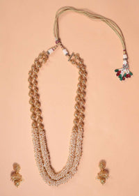 Gold Plated Beads And Pearls Half And Half Long Layered Necklace With Matching Jhumkas Online - Kalki Fashion