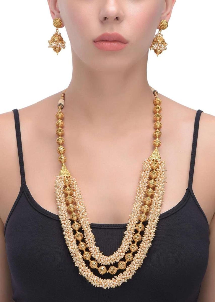 Gold Plated Carved Beads And Pearl Layered Necklace With Matching Jhumkas Online - Kalki Fashion