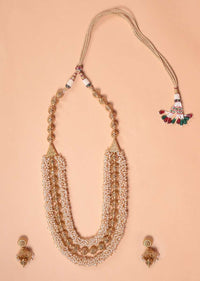 Gold Plated Carved Beads And Pearl Layered Necklace With Matching Jhumkas Online - Kalki Fashion