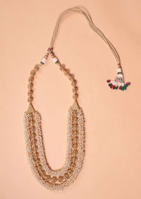 Gold Plated Carved Beads And Pearl Layered Necklace With Matching Jhumkas Online - Kalki Fashion