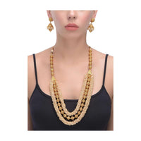 Gold Plated Carved Beads And Pearl Layered Necklace With Matching Jhumkas Online - Kalki Fashion