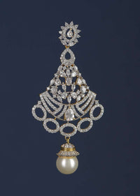 Gold Plated Carved Danglers With Stones And Crystals Along With Dangling Pearl Online - Kalki Fashion