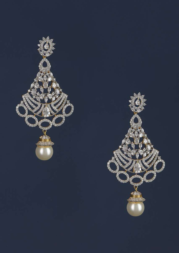 Gold Plated Carved Danglers With Stones And Crystals Along With Dangling Pearl Online - Kalki Fashion