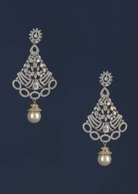 Gold Plated Carved Danglers With Stones And Crystals Along With Dangling Pearl Online - Kalki Fashion