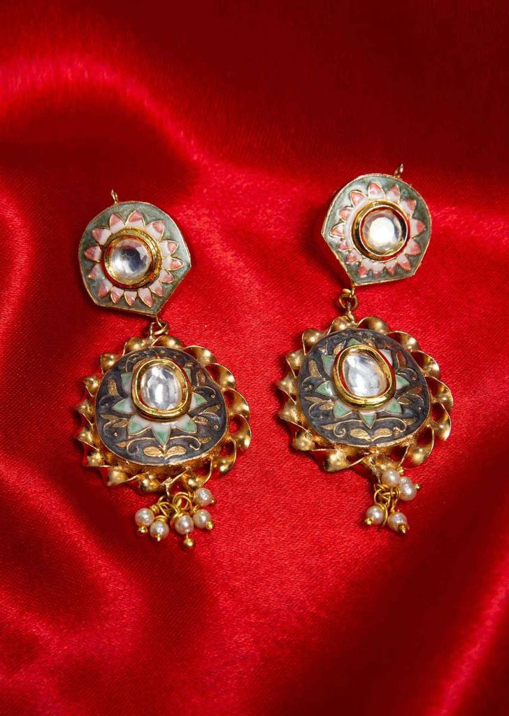 Gold plated carved floral meenakari earring with green and grey base  only on Kalki