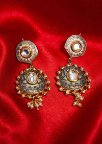 Gold plated carved floral meenakari earring with green and grey base  only on Kalki