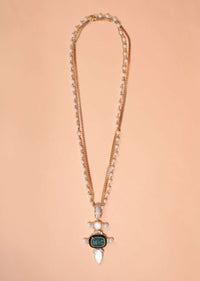 Gold Plated Chain And Pearl Necklace With Moon Stone And Carved Green Stone Pendant Online - Kalki Fashion