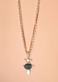 Gold Plated Chain And Pearl Necklace With Moon Stone And Carved Green Stone Pendant Online - Kalki Fashion