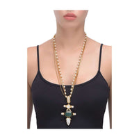 Gold Plated Chain And Pearl Necklace With Moon Stone And Carved Green Stone Pendant Online - Kalki Fashion