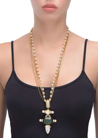 Gold Plated Chain And Pearl Necklace With Moon Stone And Carved Green Stone Pendant Online - Kalki Fashion