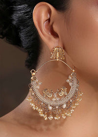 Gold Plated Chandbali Earrings With Temple Work, Bird Carvings And Embellished With High-Grade Pearls By Paisley Pop