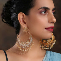 Gold Plated Chandbali Earrings With Temple Work, Bird Carvings And Embellished With High-Grade Pearls By Paisley Pop
