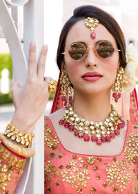 Gold Plated Choker Beautifully Hand crafted With Kundan And Elegant Semi-Precious Pink Stones By Prerto