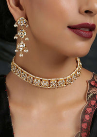 Gold Plated Choker Necklace And Earrings Set With Kundan And Moti Highlights In An Elegant Design By Paisley Pop