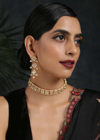Gold Plated Choker Necklace And Earrings Set With Kundan And Moti Highlights In An Elegant Design By Paisley Pop