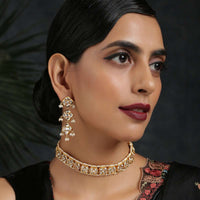 Gold Plated Choker Necklace And Earrings Set With Kundan And Moti Highlights In An Elegant Design By Paisley Pop